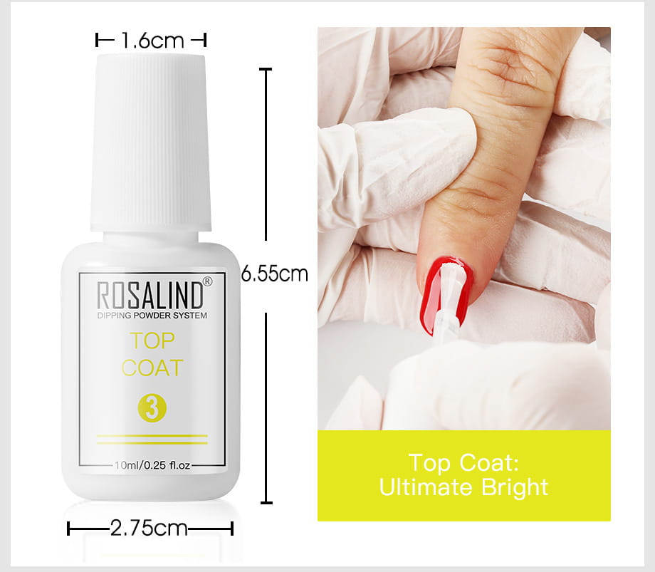 White plastic bottle of rosalind dipping powder system top coat with gold text and yellow accent stripe in a nail beauty set with brush.