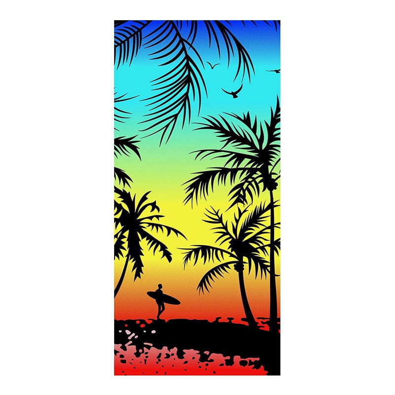 blue dolphin and fish motif printed beach towel featuring a vibrant silhouette of palm trees and a surfer against a gradient blue to orange sky printed beach towel.