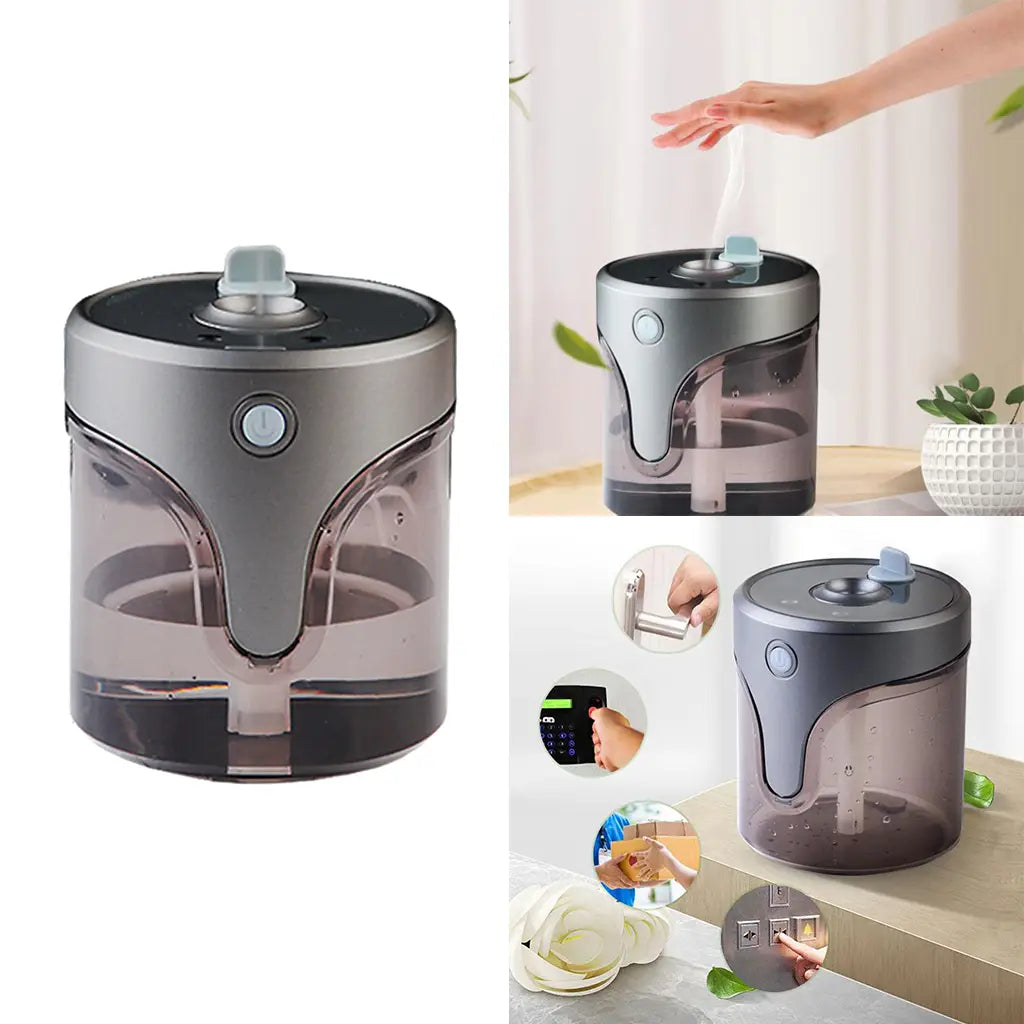 modern gray and transparent plastic auto alcohol dispenser handsanitzer with a sleek cylindrical design for automatic hand sanitizing