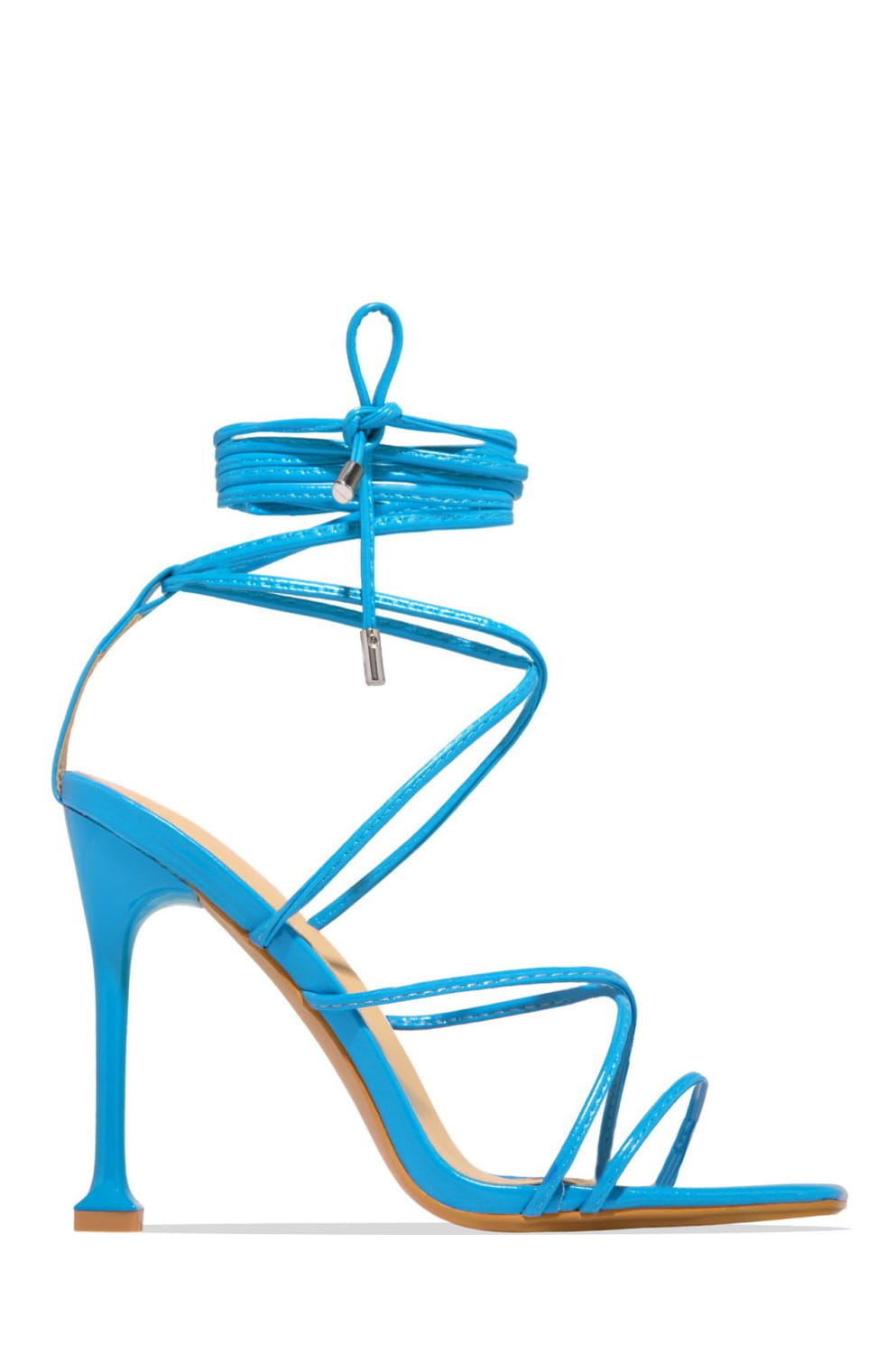 Vibrant turquoise high-heeled sandals with square toe, slender straps, and lace-up ankle detail showcasing luxury women’s fashion.