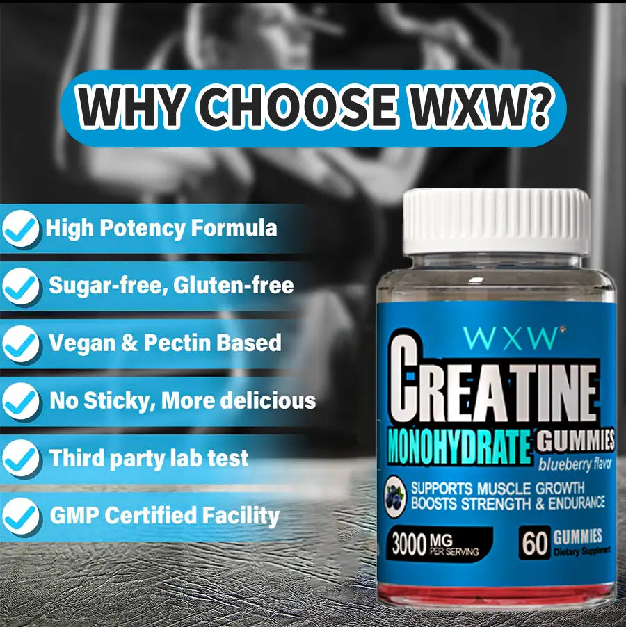 a blue and white labeled bottle of wxxw creatine monohydrate gummies in blueberry flavor designed as creatine gummies for enhanced athletic performance.
