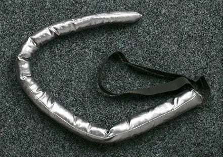 silver insulated tail with black strap attachment shown from the back as part of silver sequined mouse bar costumes with gloves and tail for costumes sequined collection