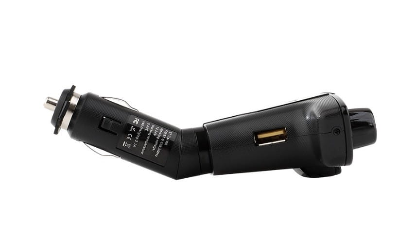 black car mp3 player with usb port and cigarette lighter plug featuring led accent rings for car audio playback and charging
