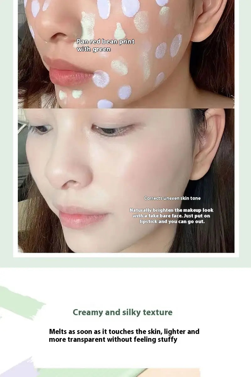 a silky clear makeup primer by hisyi featuring a creamy concealer with a pan red bean print and green accents in a three color set