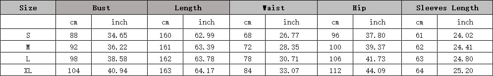 The size chart for the rust bell sleeve sexy long sequined evening dress displays women’s clothing measurements in centimeters and inches from size s to xl.