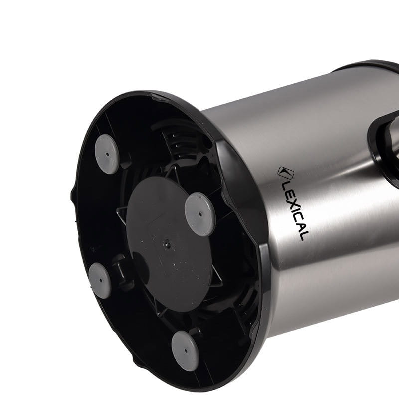 Lexical brand stainless steel juice separation machine for orange juice with a black plastic base featuring four gray suction cups.