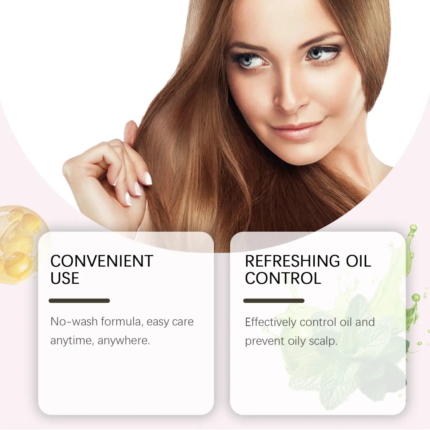 A woman with long straight brown hair gently touches a strand near her shoulder using nourishing disposable hair care leave-in spray.