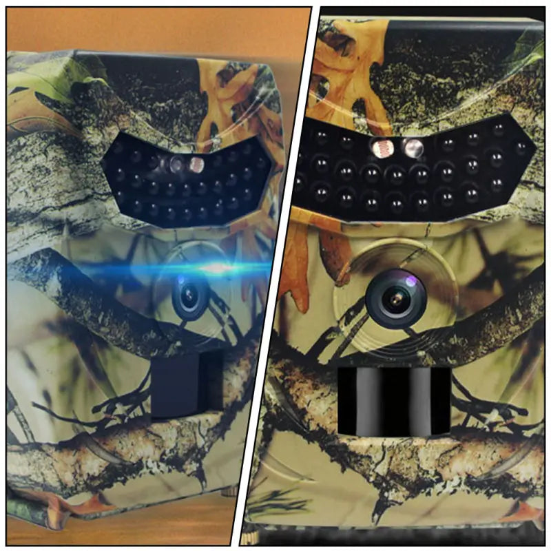 Camouflage-patterned waterproof 1080p trail camera with black sensor array and lens housing featuring night vision for outdoor monitoring.