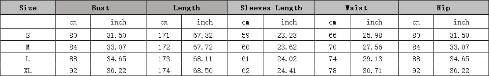 The image shows a size and measurement table for a black sequined long sleeve round neck fishtail gown with bust, length, sleeve length, waist, and hip dimensions in centimeters and inches across sizes S through XL.