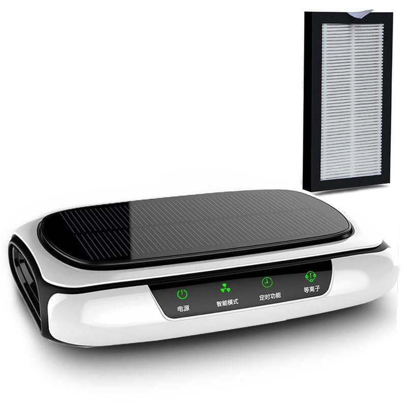 Solar car air purifier in white and black with a solar panel top and green LED indicators for power smart mode timer function and negative ions.
