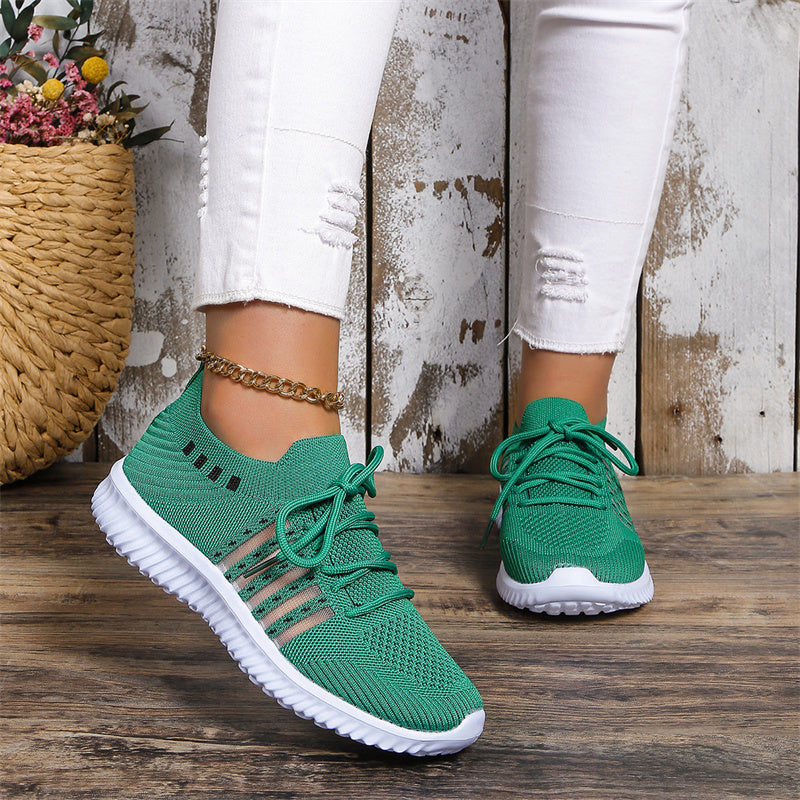 Women's Breathable Knit Mesh Lace-Up Sneakers, Lightweight Walking Running Shoes
