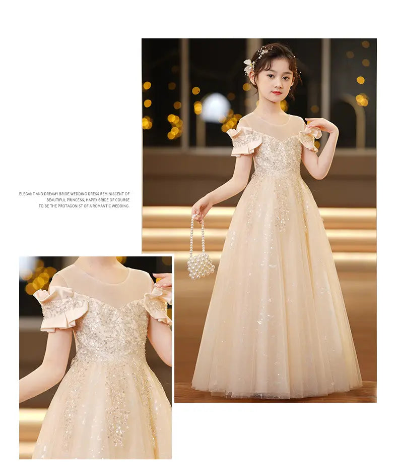 Beige off-shoulder spandex princess dress with sequined bodice and ruffled sleeves featuring girls tulle tutu skirt for special occasions.