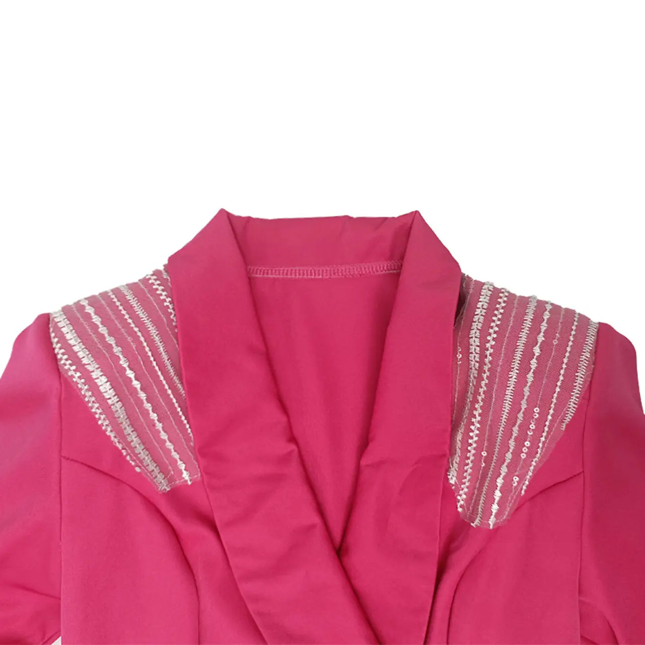 A vibrant fuchsia rose red suit blazer featuring a delicate white lace trim and intricate beaded patterns along the shoulders.