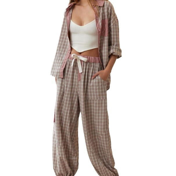 women’s pink muted plaid shirt outfit dressing gown in cotton featuring a button-up gown plaid shirt and matching wide-leg pants with a waist tie in dressing gown plaid design