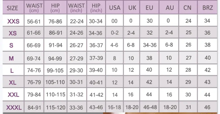Size chart table displaying measurements in centimeters and inches for shascullfites melody high waist gray denim leggings across usa uk eu au cn and brz international sizing standards.