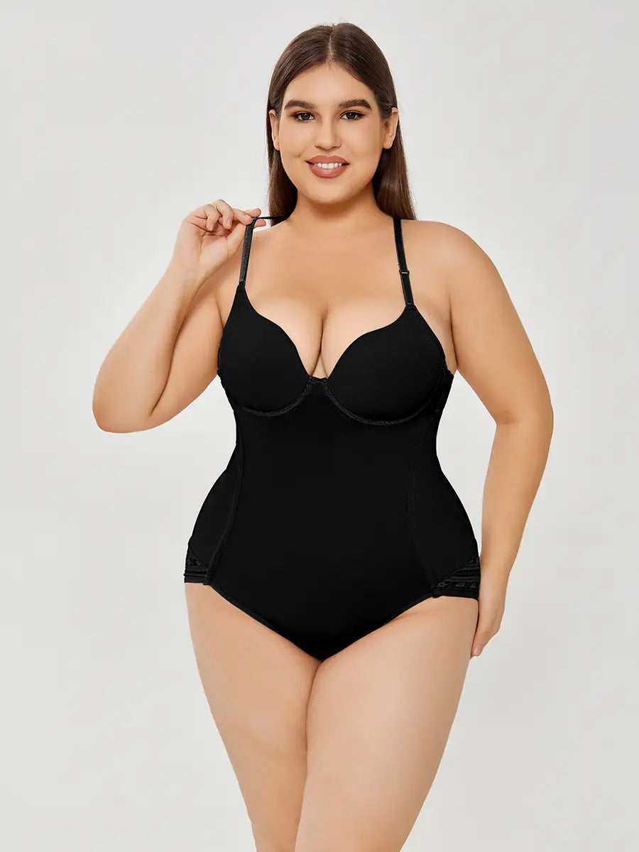Black plus size ultra firm control body shaper one-piece swimsuit with lace trim at the hem for firm control body shaping.