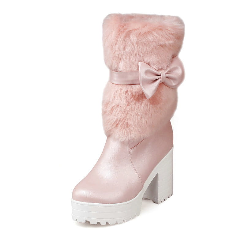 pink faux fur white platform sweet bow boots featuring a satin bow and heel snow sweet design