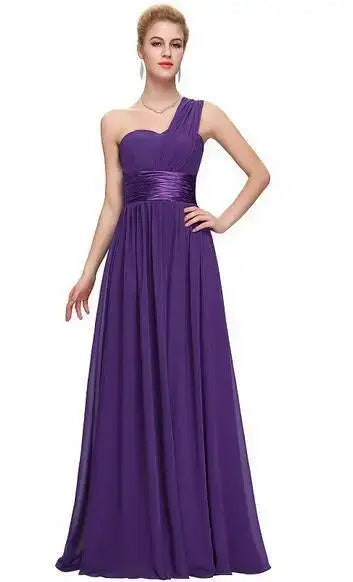 Elegant one-shoulder purple chiffon banquet evening dress with a satin sash at the waist designed for formal banquet evening occasions.