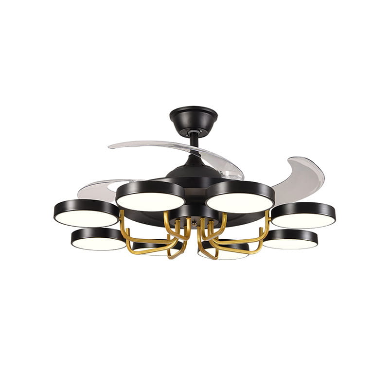 modern nordic stealth ceiling fan in black and gold with integrated led lights for energy-efficient illumination and style.