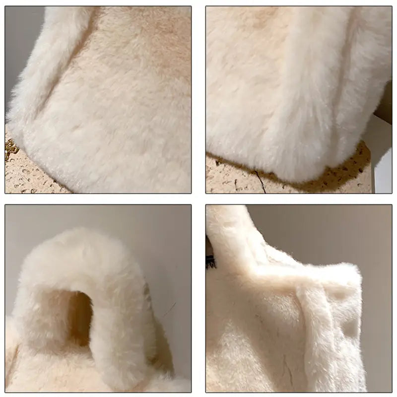 white faux fur pet bed with soft plush texture and cozy arched entrance shown alongside a pink faux fur chain plush handbag highlighting winter bags chain fashion accessory