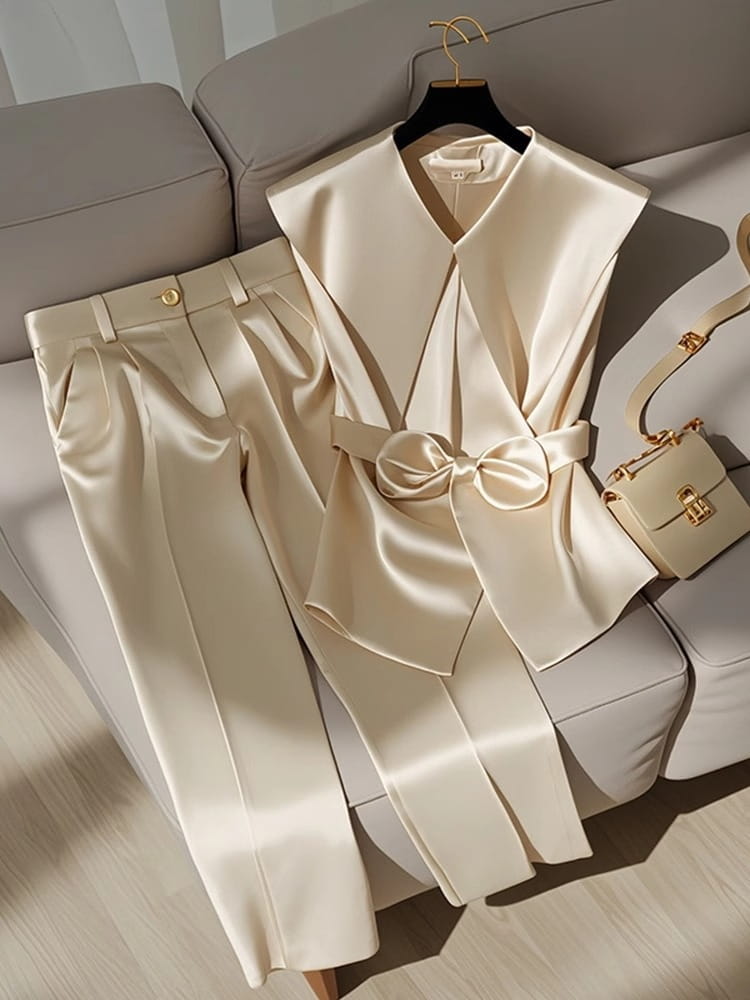 Cream satin sleeveless top with a wide collar and matching bow belt showcasing a youthful fashionable champagne western style design.