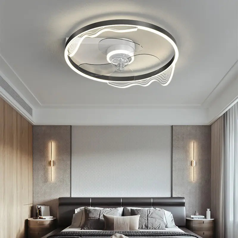 Modern circular ceiling fan lamp with integrated led lighting featuring a sleek black frame and flowing white light patterns designed as a quiet simple modern nordic light.