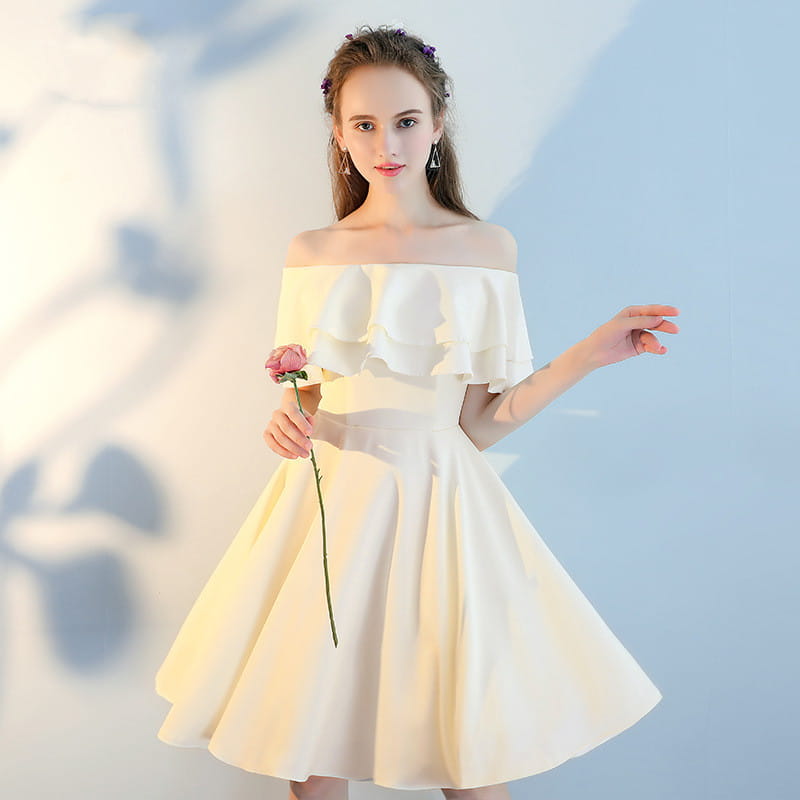 Off-the-shoulder ivory satin cocktail dress with ruffled bodice and flared skirt made from satin main fabric by Pink Short Sisters.
