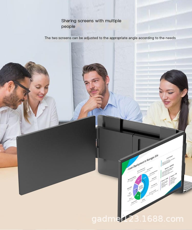 Black dual screen portable monitor stand with adjustable angles designed for collaborative screen sharing in a 14 inch dual screen portable monitor for laptop
