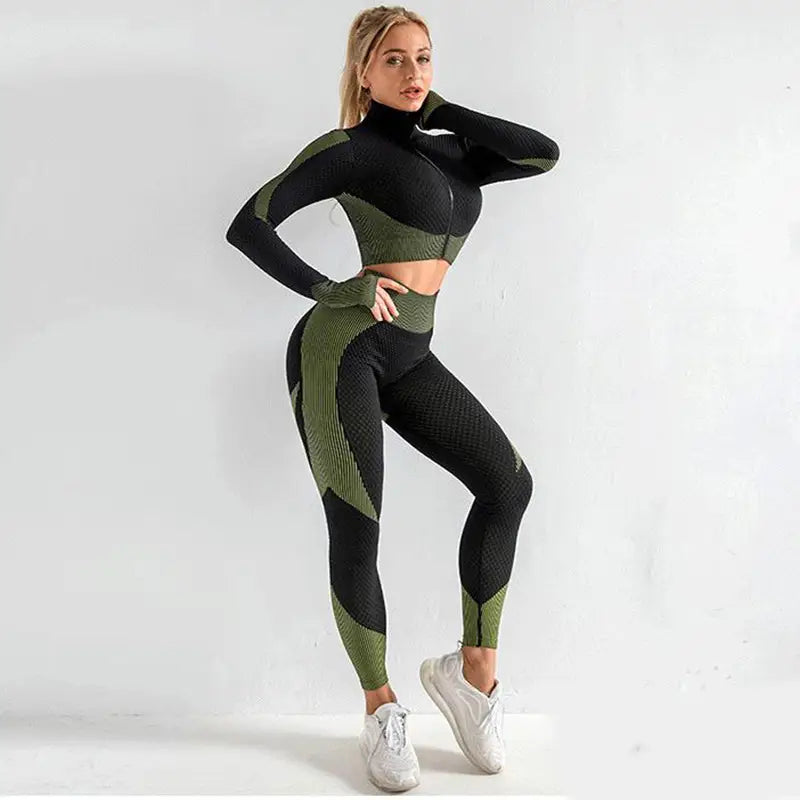 black and olive green 3pcs yoga set seamless sport featuring a high-neck top and form-fitting leggings with geometric paneling in ribbed athleisure fabric