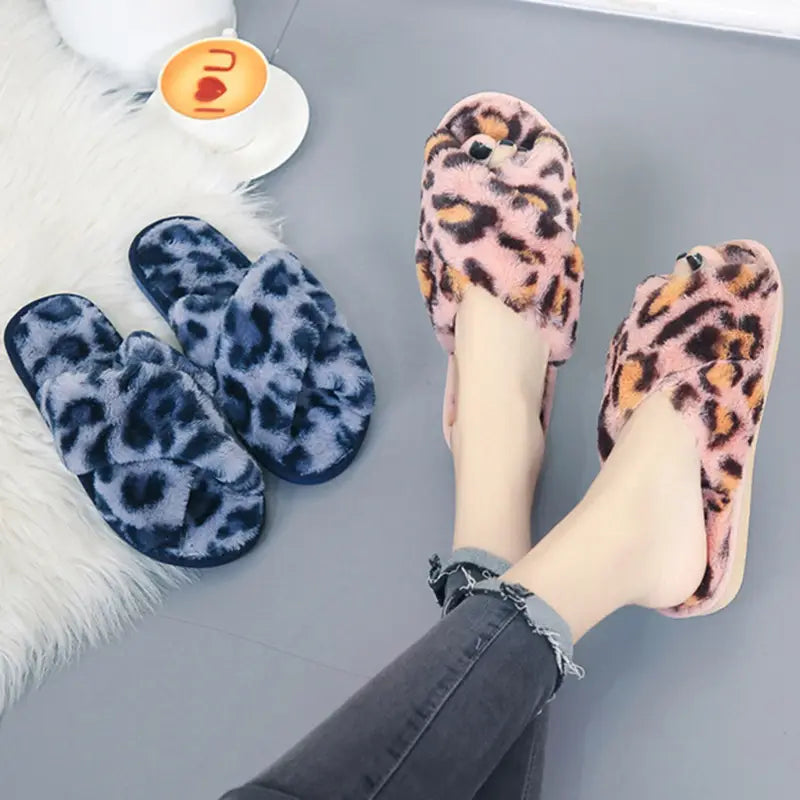 pink cross strap fuzzy slippers leopard with brown and pink leopard plush house design featuring a soft plush texture for indoor use