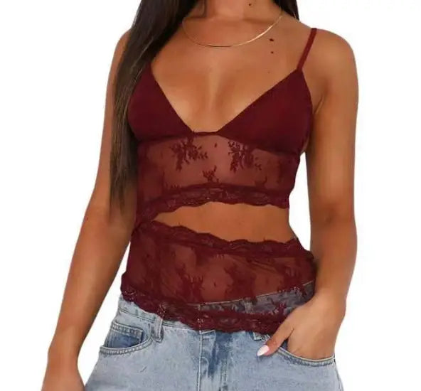 A maroon lace stitched backless small sling crop top with thin straps and floral embroidery.