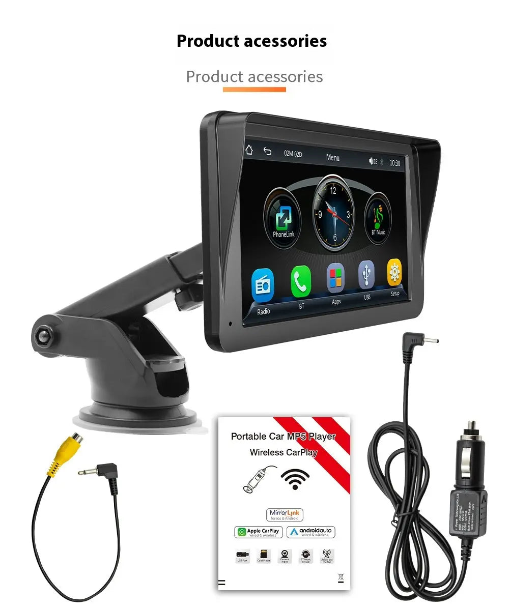 Black 7 inch portable car player hd large screen display with touchscreen and adjustable arm mount for large screen vehicle use.