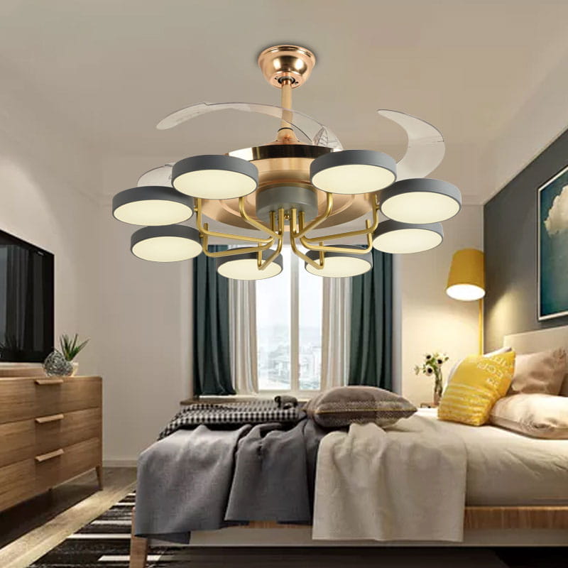 modern nordic stealth ceiling fan with lights featuring a brass-finished central hub and eight circular gray light fixtures arranged in a chandelier-style design.
