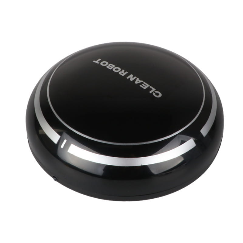 Black circular mini desktop robot vacuum cleaner with silver accent rings and clean robot text on the top surface designed for efficient desktop cleaning.