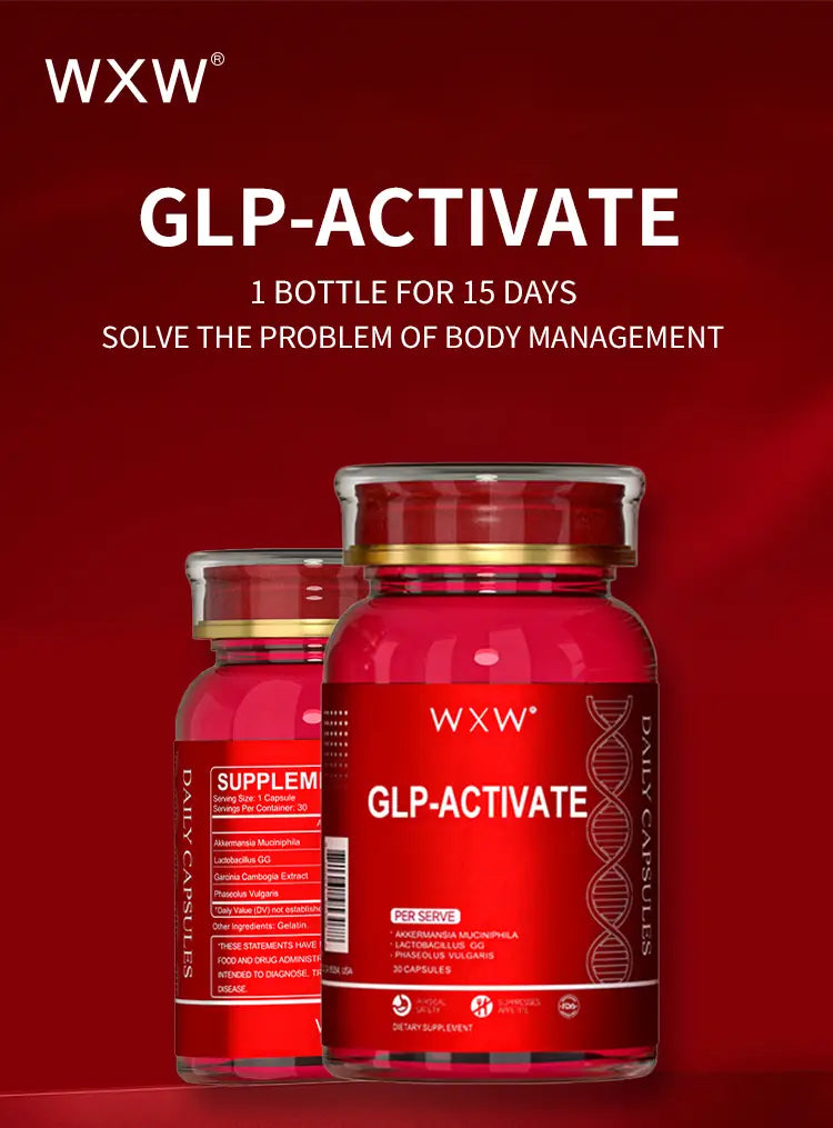Red glass bottle of wxw glp-activate luxury glp-1 capsules with gold-colored cap and detailed label designed for plus size dresses bikinis in luxury women’s fashion.