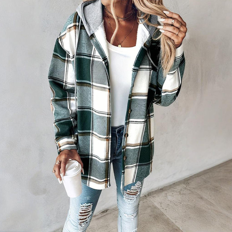 Women's Hooded Plaid Shacket Button Down Drawstring Shirt Jacket with Pockets