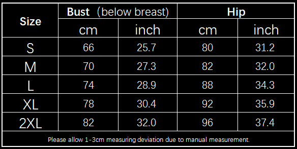 Size chart table for 3pcs leaf print bikini with shorts fashion summer showing bust and hip measurements in centimeters and inches for sizes s through 2xl.