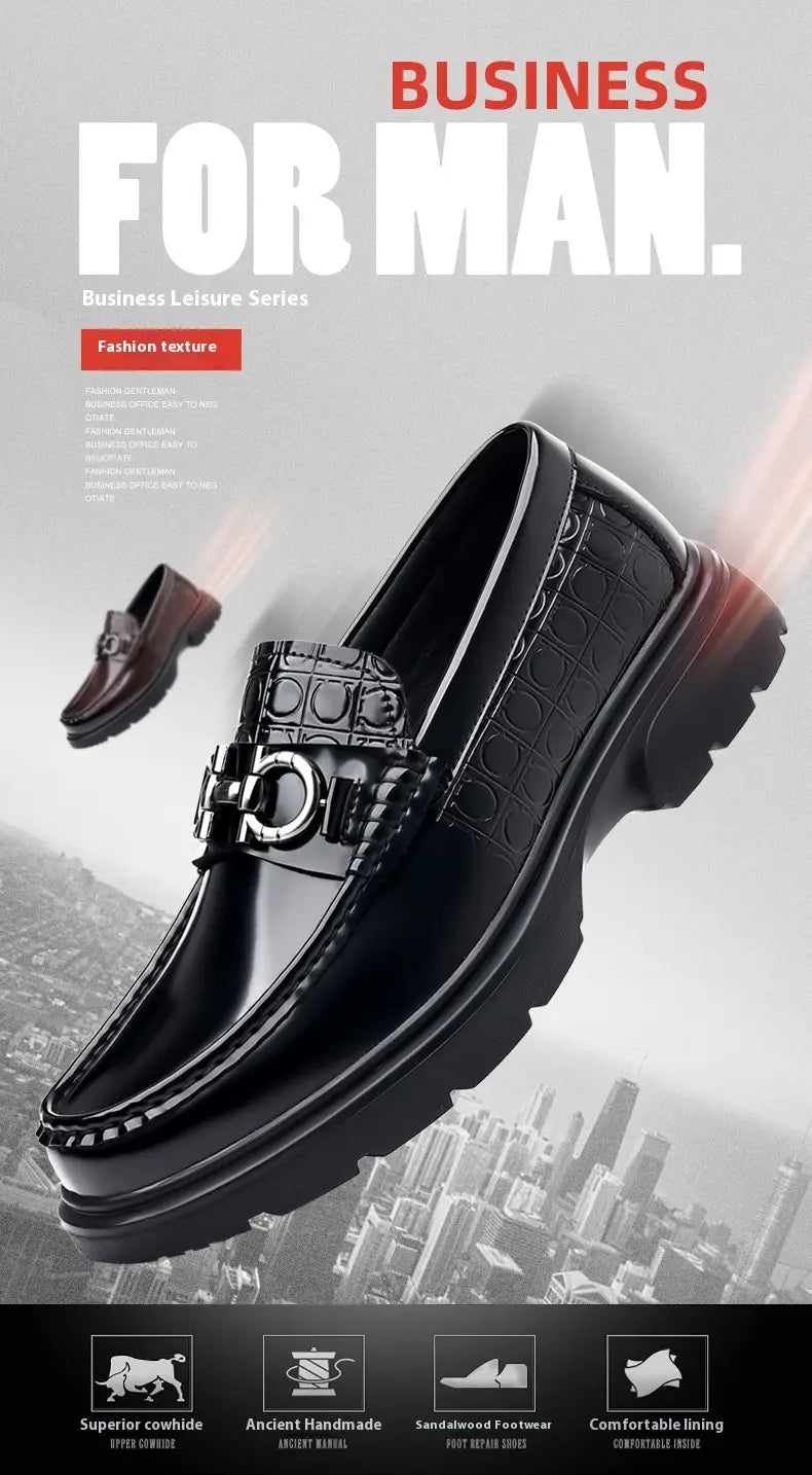 Black leather loafers with crocodile texture and silver-toned buckle detail designed as platform retro casual shoes.