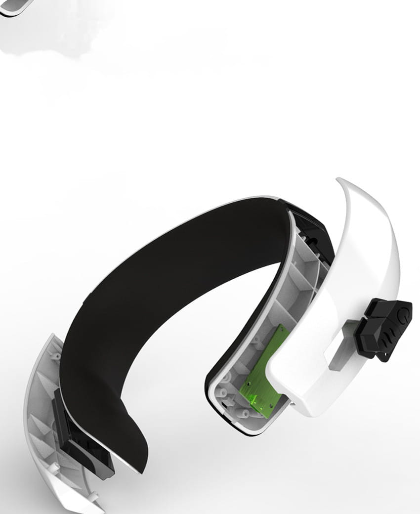 white and black headband-style cervical spine integrated massage device with a sleek modern design featuring visible internal components
