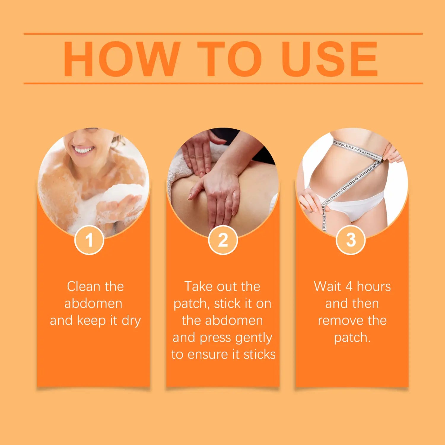 Orange instructional guide for using the south moon herbal beauty shaping body patch with herbal beauty ingredients for body contouring.