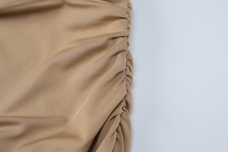 tan corduroy fabric featuring a gathered ruched side seam detail on a solid color women tank tops long skirt two piece set