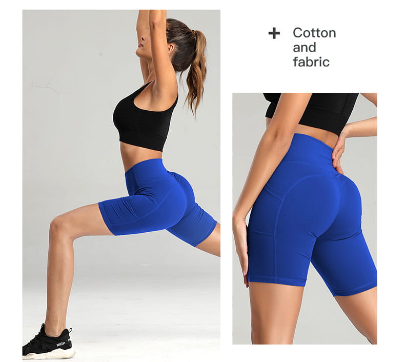 Vibrant royal blue high waist fitness cycling shorts made from cotton and fabric ideal for gym and yoga pants use.