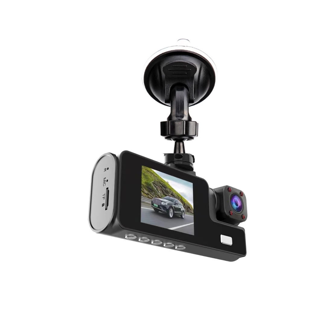 Black 1080P dual lens dash cam video recorder with suction cup mount and a small screen displaying a car on the road.