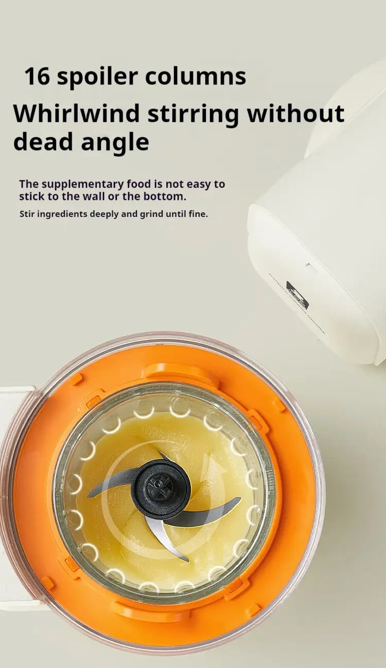 cream multifunctional baby cooking machine featuring an orange and clear plastic blender jar with black spiral blades inside filled with a yellowish liquid as a multifunctional baby cooking tool