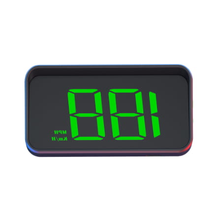 Universal head-up display car gps velometer featuring a green digital display with black casing and blue trim for display car gps use.