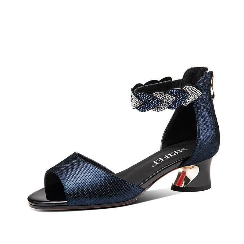 navy blue fish mouth simple rhinestone block heels featuring textured peep-toe design, braided ankle strap with silver rhinestones, and glossy black heel with metallic gold accent