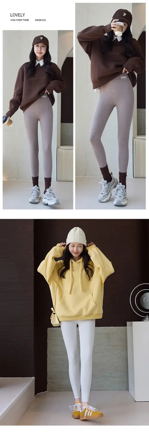 a cozy yellow oversized hoodie with a front pouch pocket and drawstring hood paired with navy blue high waist high elastic threaded underwear leggings for winter threaded underwear use