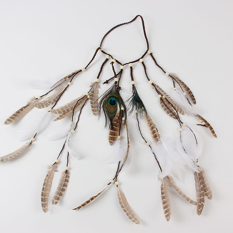 white feather hairband hair accessories featuring a bohemian-style design with a central iridescent green and blue peacock feather surrounded by white and brown feathers strung on a dark cord with cream-colored beads.