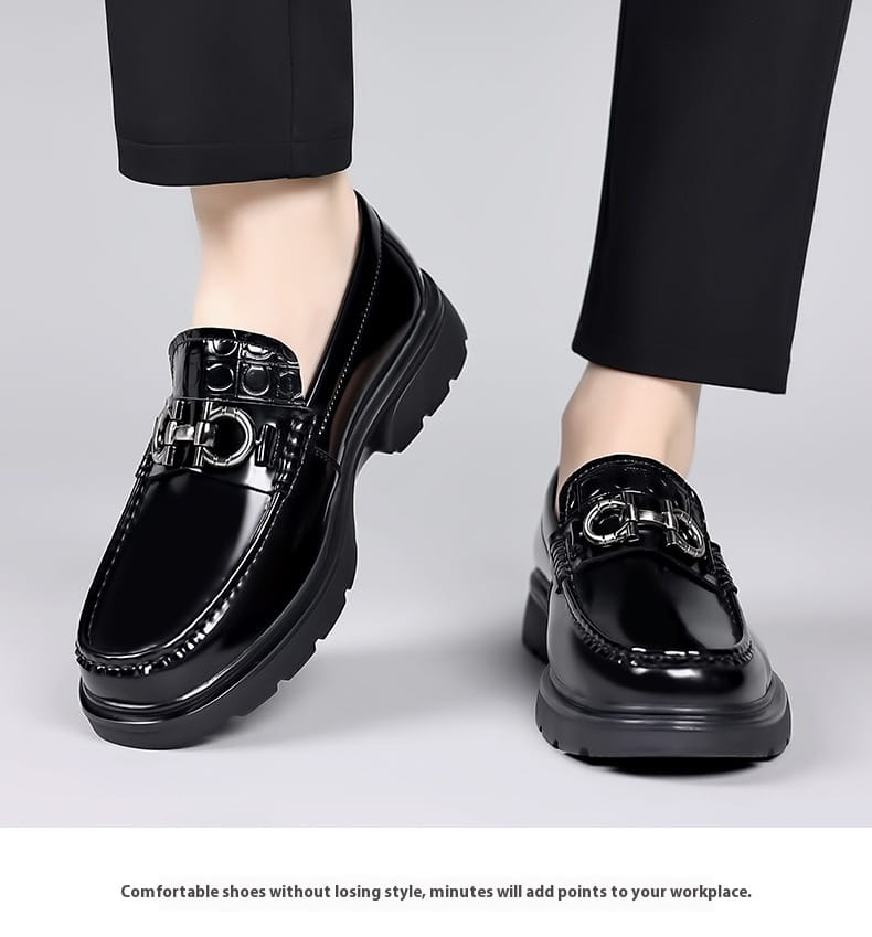 Black patent leather loafers with a chunky sole and silver-toned horsebit buckle are platform retro casual shoes ideal for stylish everyday wear.