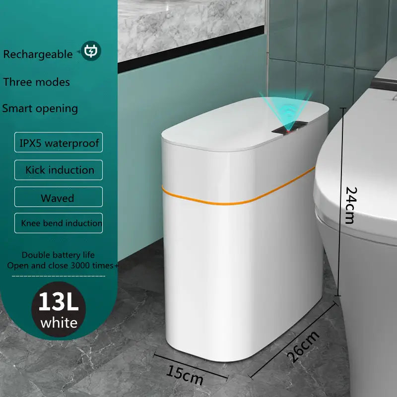 white cylindrical smart trash can with an orange accent stripe and sensor-activated lid designed for convenient use in the living room kitchen